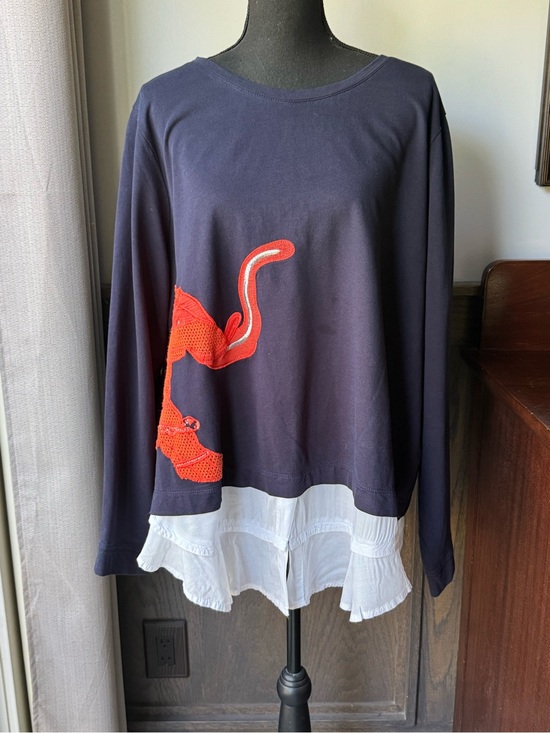 crown & ivy Tops - Crown&Ivy Navy Long Sleeve Top with Orange elephant and White Ruffle Hem